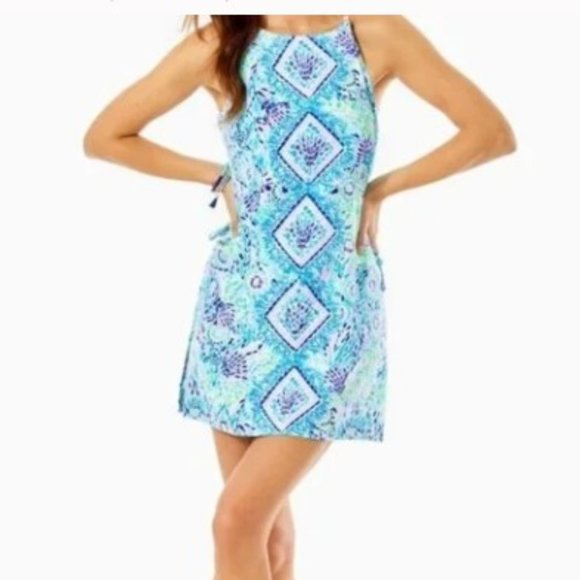 Lilly Pulitzer Pearl Romper Dress Blue Ibiza Open Water Gold Chain NWT - Picture 2 of 9